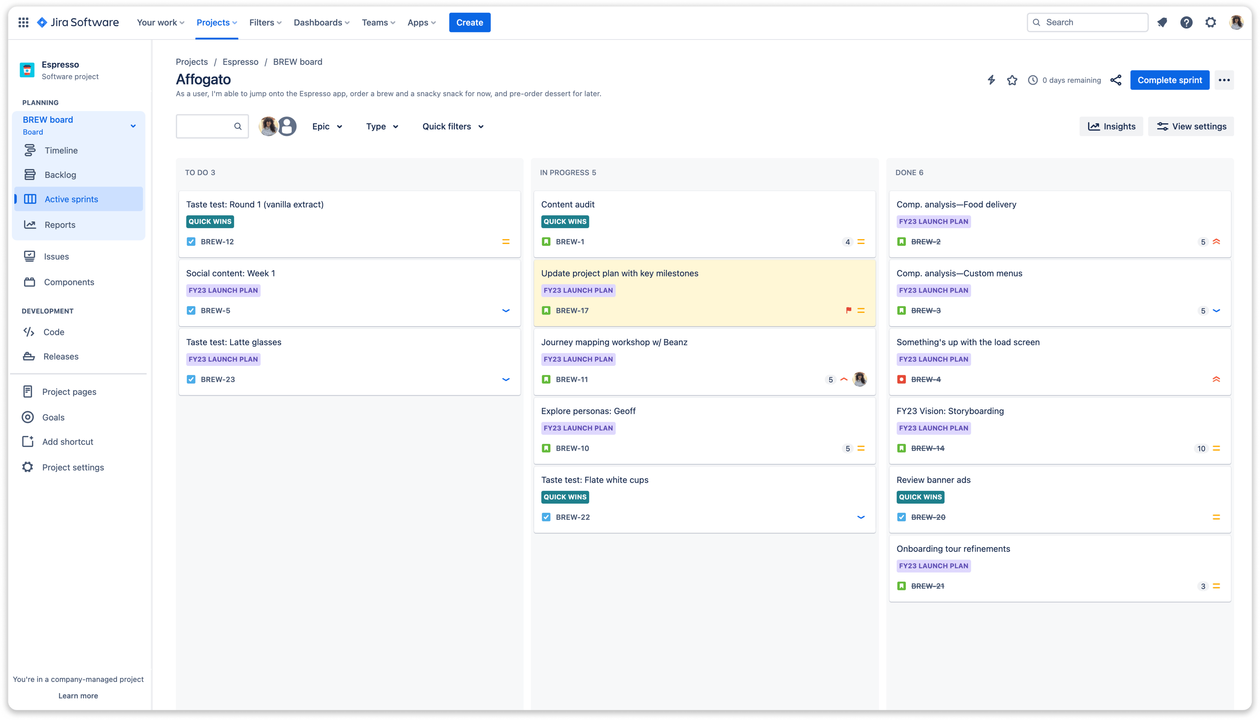 Jira interface showing an overview of a board.