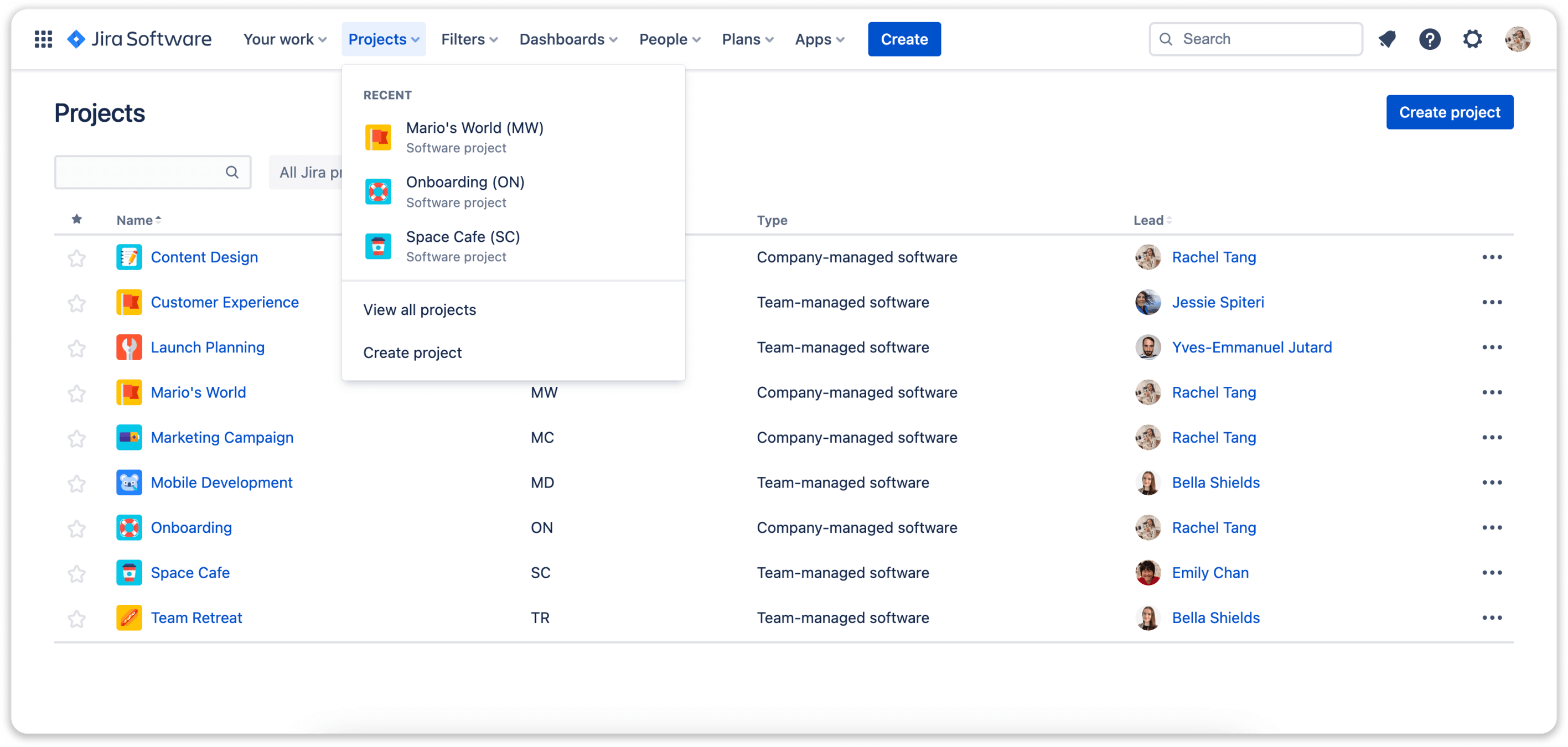 Jira software interface showing different projects.