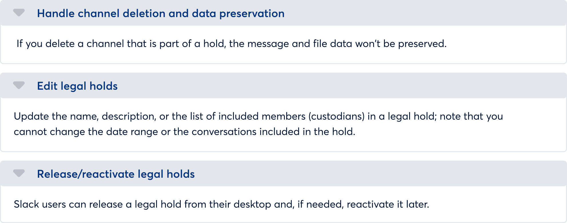 An overview of your options for managing legal holds in Slack, continued.