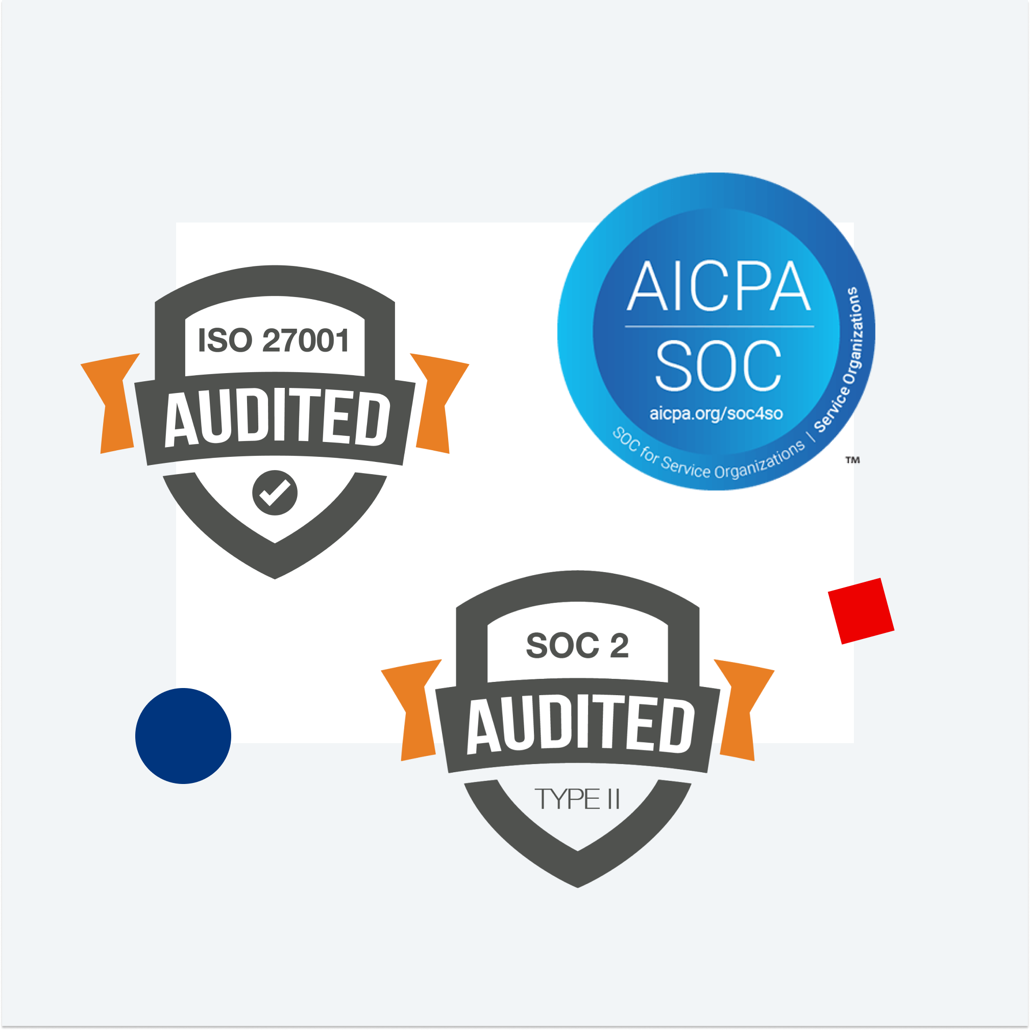 ISO 27001, AICPA SOC, and SOC 2 Type II certification badges 