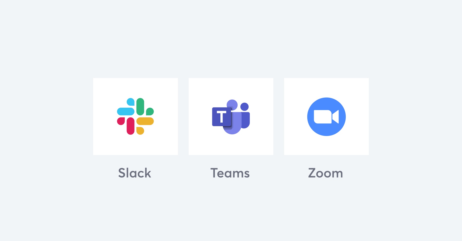 Slack, Microsoft Teams, and Zoom logos on a light grey background